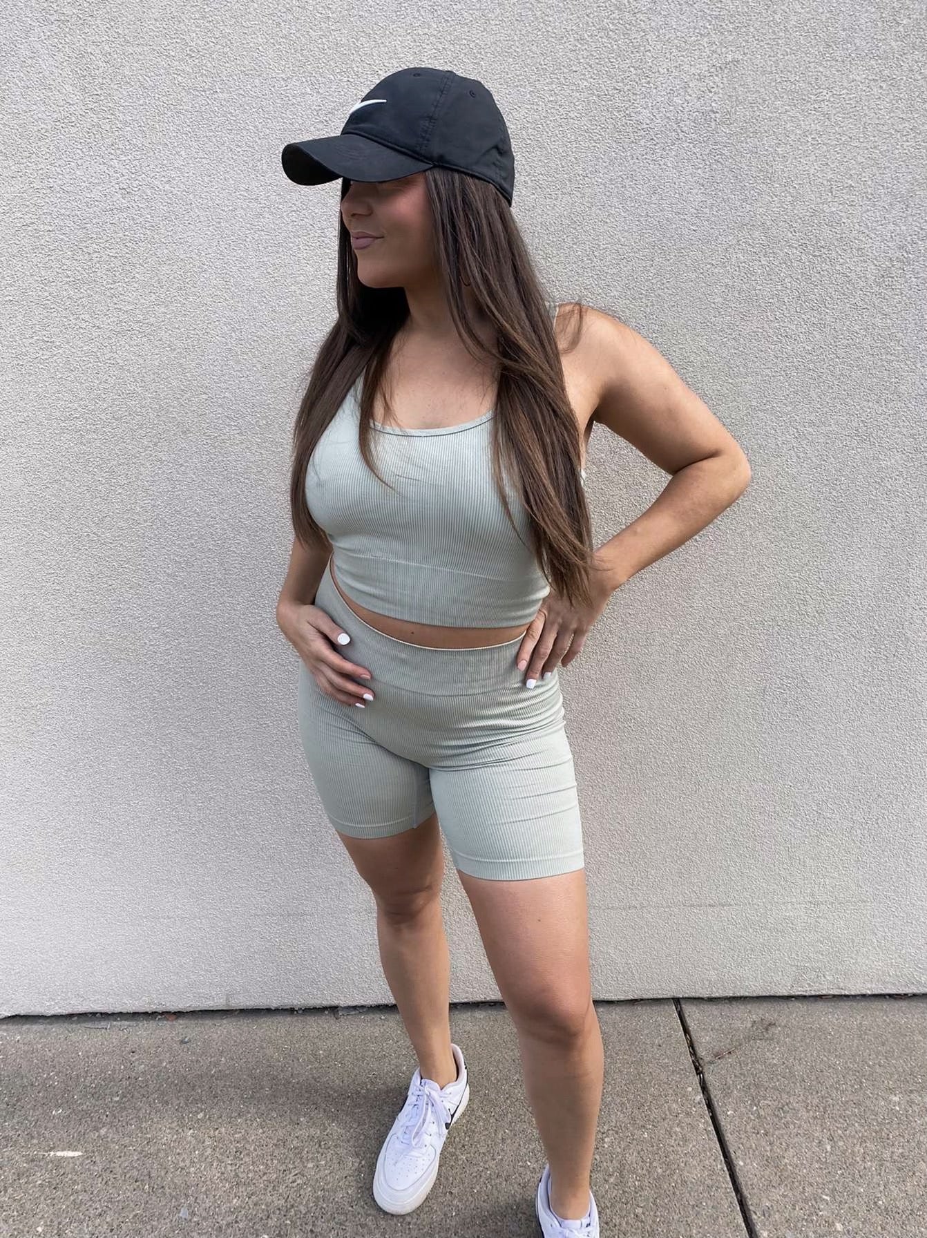 Ribbed Seamless Biker Short Set // Sage
