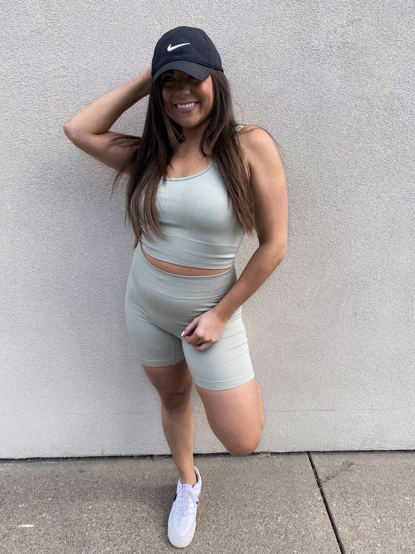 Ribbed Seamless Biker Short Set // Sage