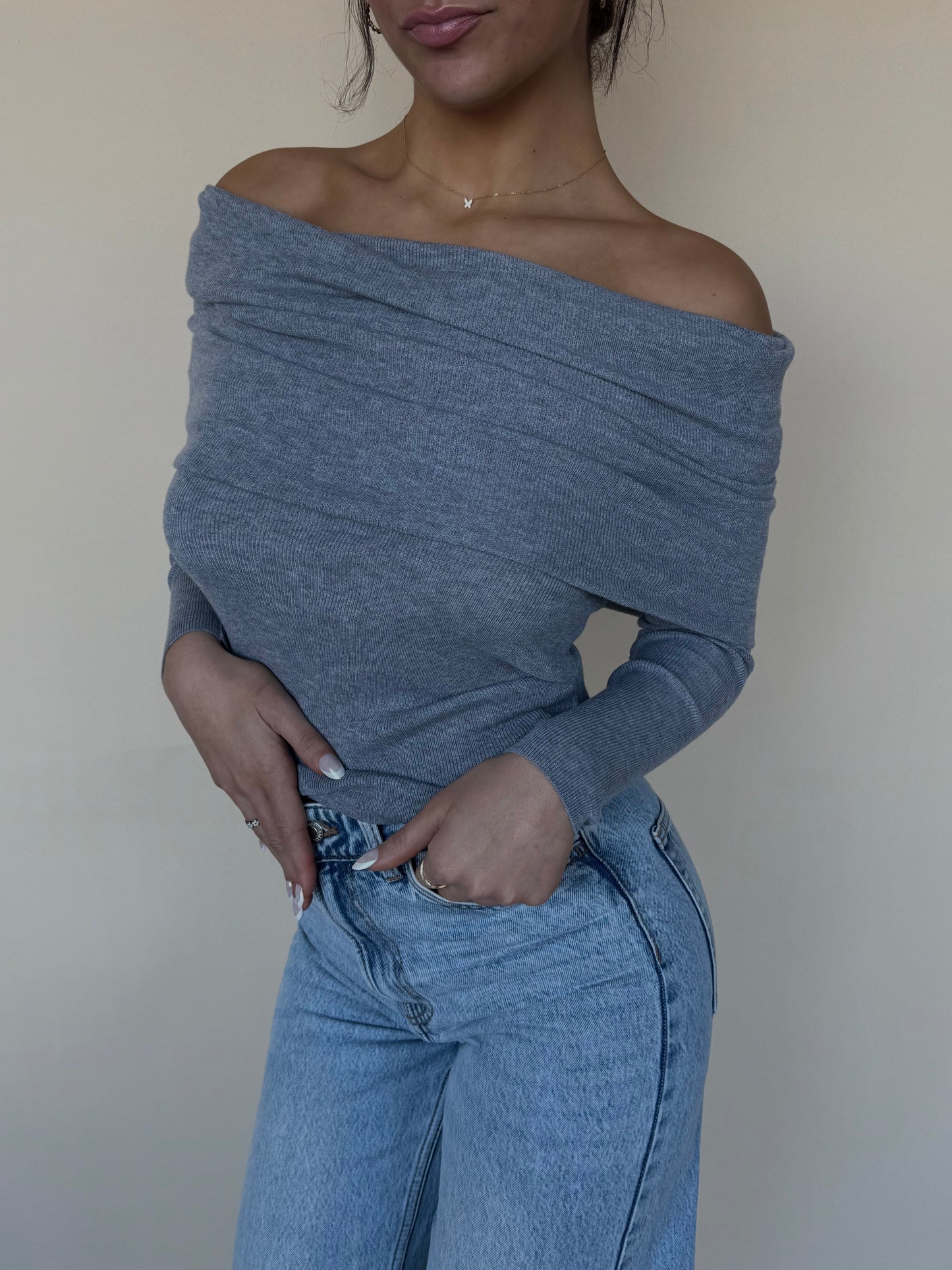 Off-Shoulder Heather Grey Sweater